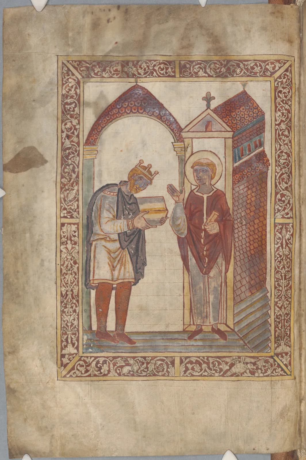 Medieval manuscript painting of King Æthelstan presenting a book to Saint Cuthbert